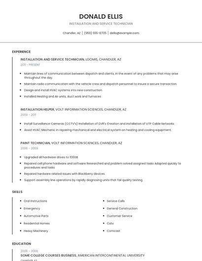 Installation And Service Technician Resume