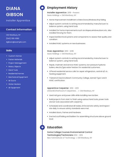 Installer Apprentice Resume