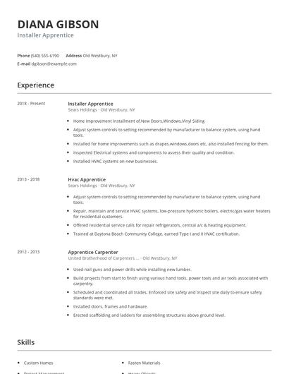 Installer Apprentice Resume