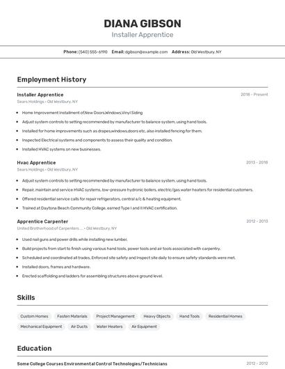 Installer Apprentice Resume