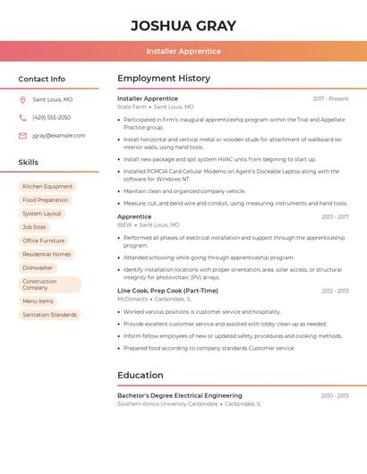 Installer Apprentice Resume
