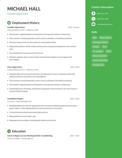 Installer Apprentice Resume