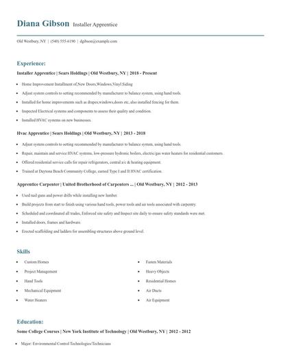 Installer Apprentice Resume