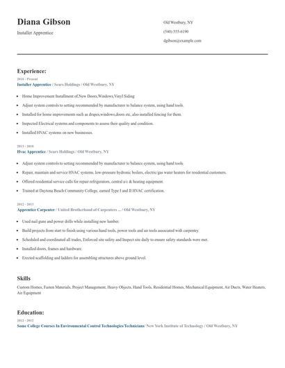 Installer Apprentice Resume