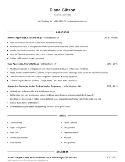 Installer Apprentice Resume