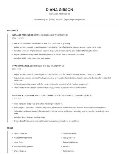 Installer Apprentice Resume