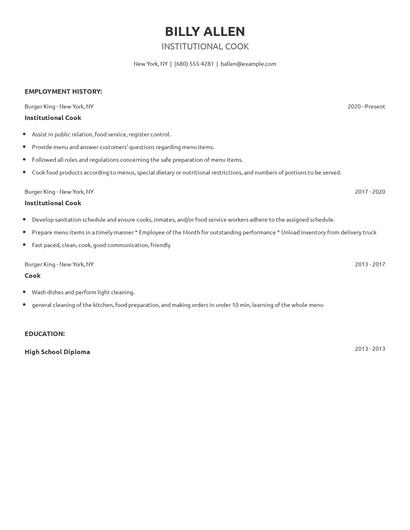 Institutional Cook Resume