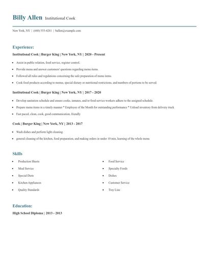 Institutional Cook Resume