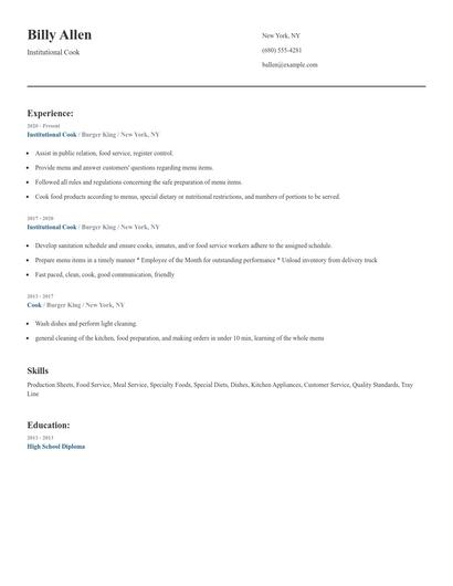 Institutional Cook Resume
