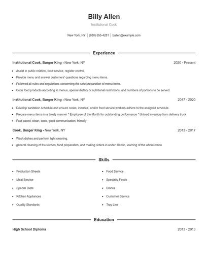 Institutional Cook Resume