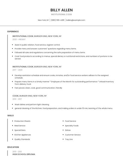Institutional Cook Resume