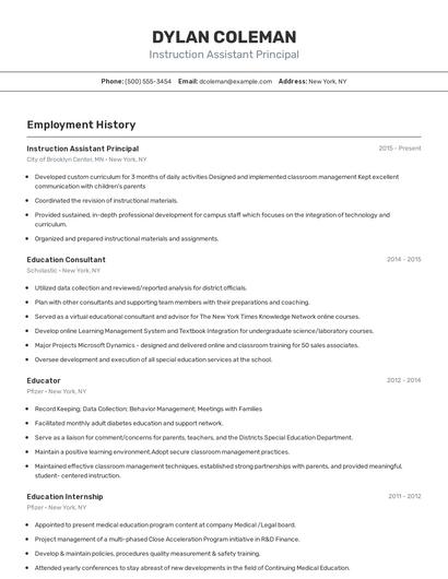 Instruction Assistant Principal Resume