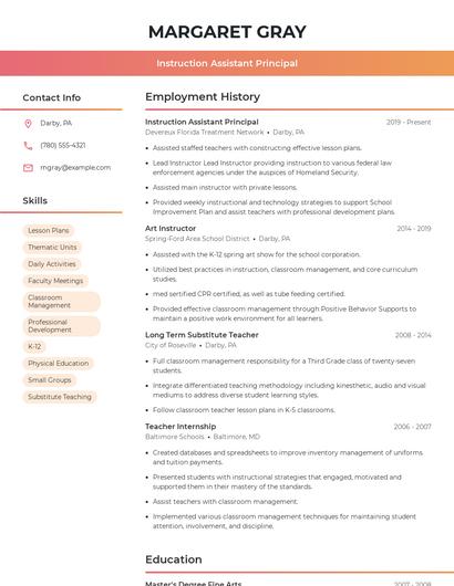 Instruction Assistant Principal Resume