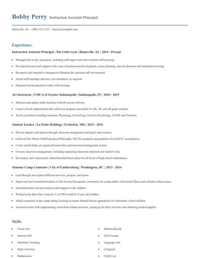Instruction Assistant Principal Resume