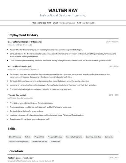 Instructional Designer Internship Resume