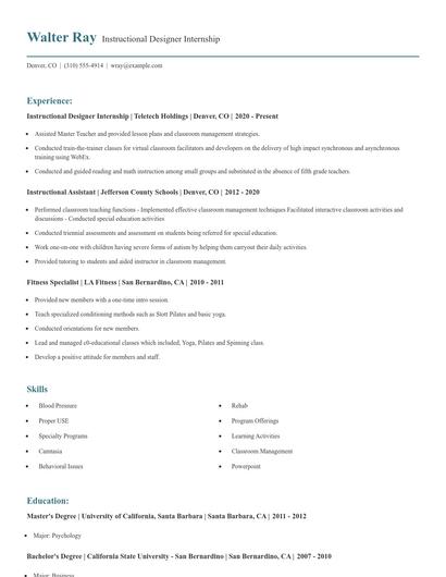 Instructional Designer Internship Resume