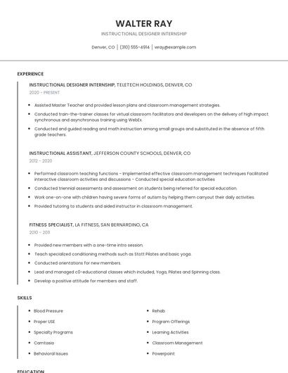 Instructional Designer Internship Resume