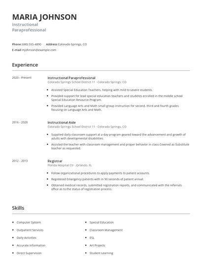 Instructional Paraprofessional Resume