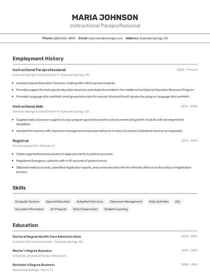 Instructional Paraprofessional Resume