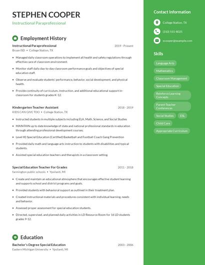 Instructional Paraprofessional Resume