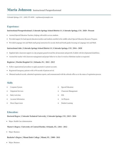 Instructional Paraprofessional Resume
