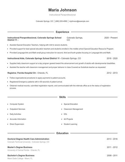 Instructional Paraprofessional Resume