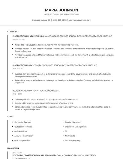 Instructional Paraprofessional Resume