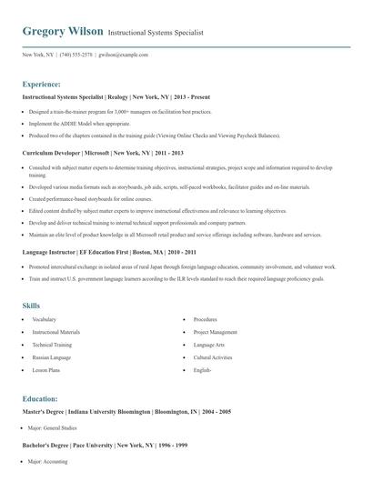 Instructional Systems Specialist Resume