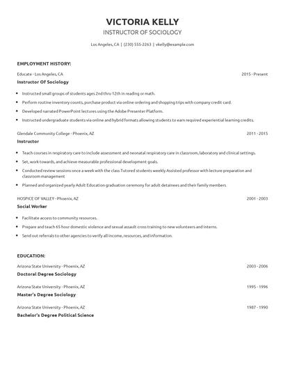 Instructor Of Sociology Resume