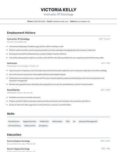 Instructor Of Sociology Resume