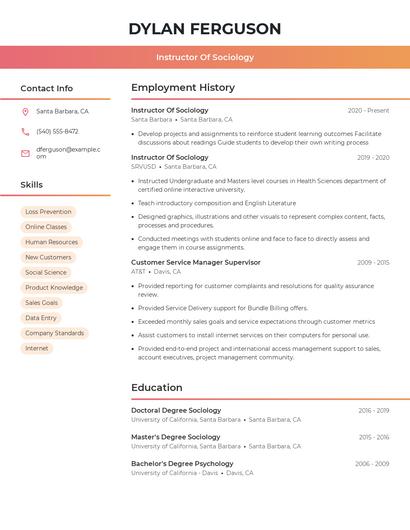 Instructor Of Sociology Resume