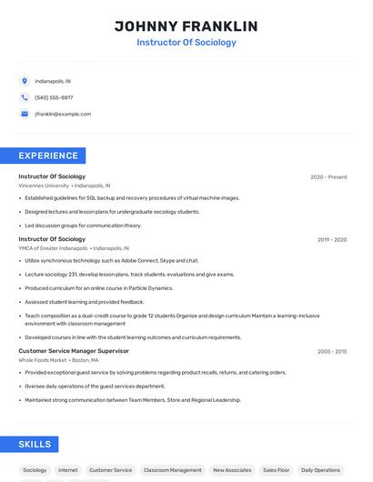 Instructor Of Sociology Resume