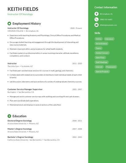 Instructor Of Sociology Resume