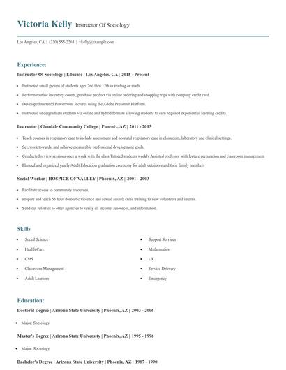Instructor Of Sociology Resume