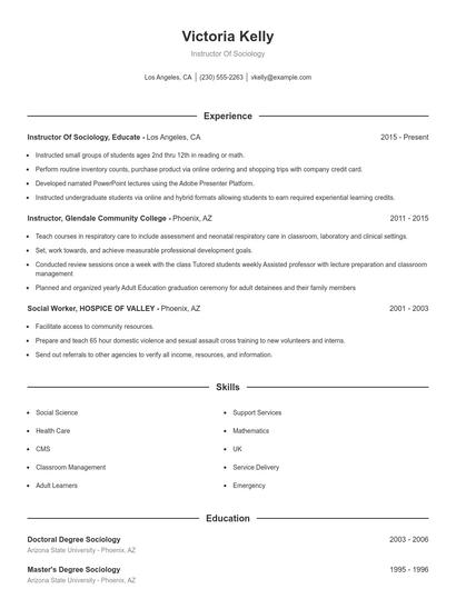 Instructor Of Sociology Resume