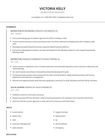 Instructor Of Sociology Resume