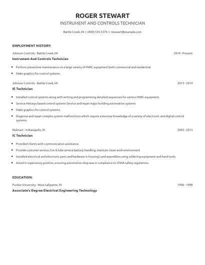 Instrument And Controls Technician Resume