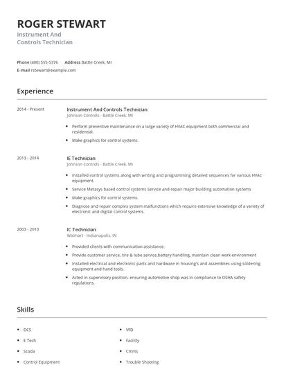 Instrument And Controls Technician Resume