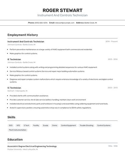 Instrument And Controls Technician Resume