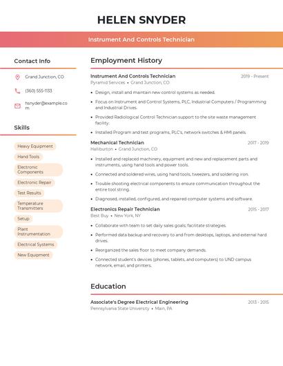 Instrument And Controls Technician Resume