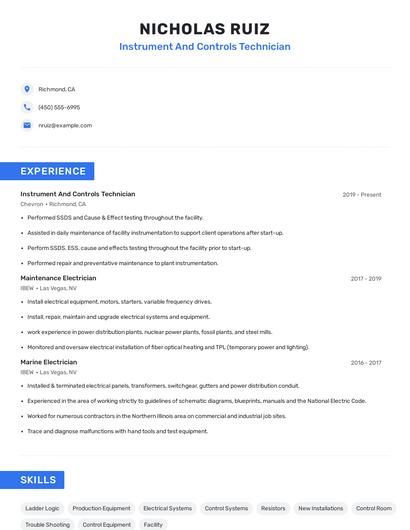 Instrument And Controls Technician Resume