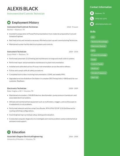 Instrument And Controls Technician Resume