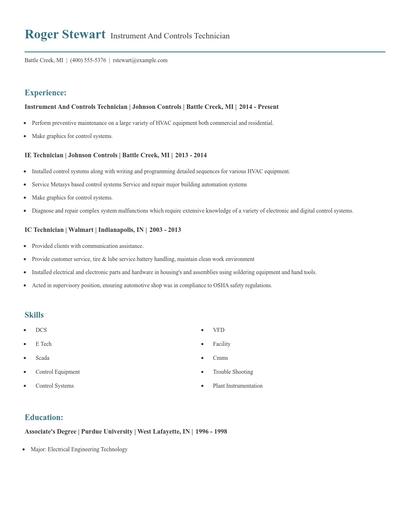 Instrument And Controls Technician Resume