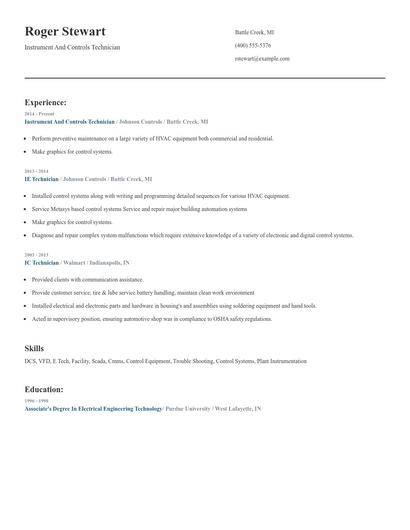 Instrument And Controls Technician Resume