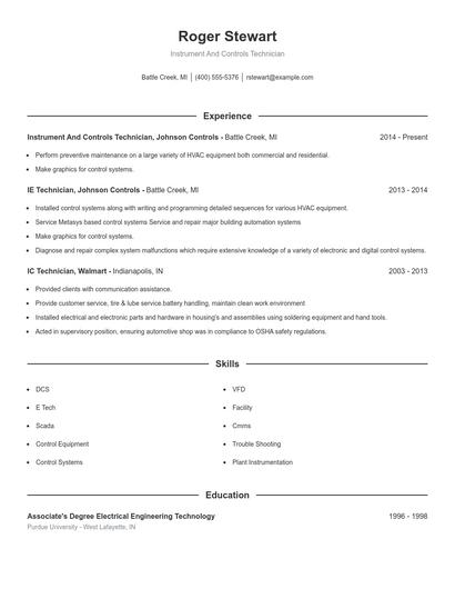 Instrument And Controls Technician Resume