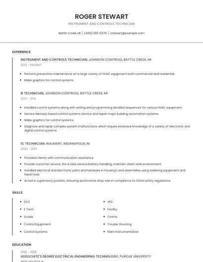 Instrument And Controls Technician Resume