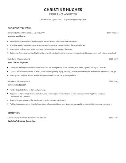 Insurance Adjuster Resume