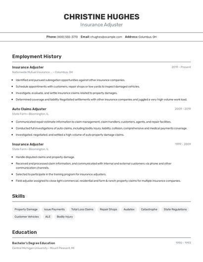 Insurance Adjuster Resume