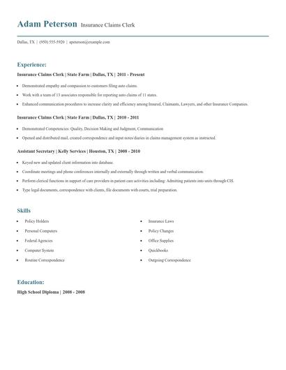 Insurance Claims Clerk Resume