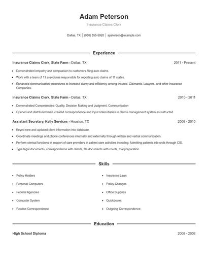 Insurance Claims Clerk Resume